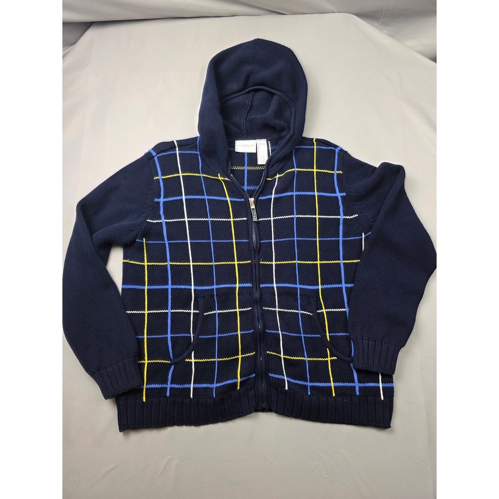 Liz Claiborne Liz & Co Navy Blue Plaid Full Zip Cotton Knit Hooded Sweater M